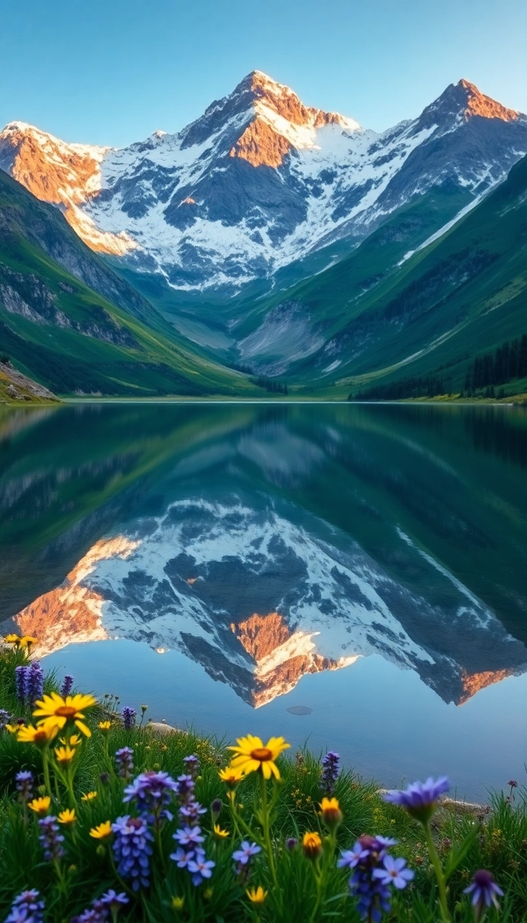 Free AI Spring Mountain Reflection iPhone Well-Lit Wallpaper